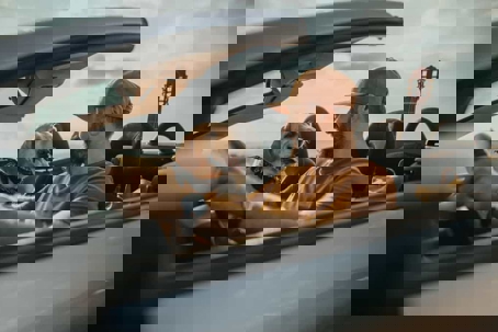 Man driving a convertible with the top down with his dog in the passenger's seat and guitar in the back seat