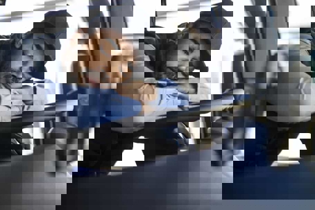 Truck driver wearing long sleeves and a baseball cap sits in his truck laying his head on the steering wheel as he sleeps