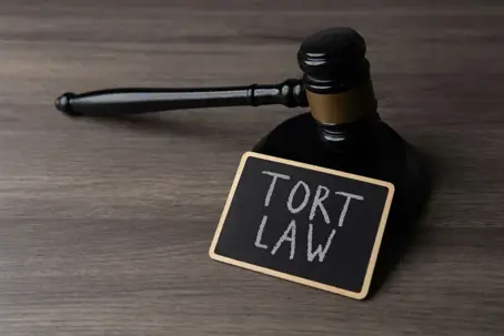 A judge's gavel and a chalkboard with text TORT LAW on a wooden desk. stock photo